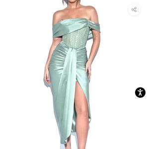 Off-Shoulder Mint Satin Midi Dress with Draped Front and Corset Detail